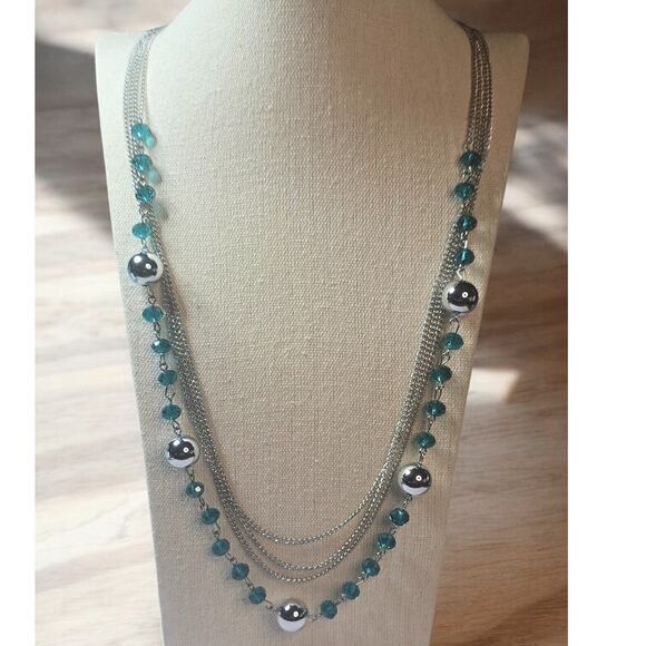 Beautiful Blue Clear & Silver Beads Multistrand Silver Tone Necklace - Picture 1 of 4